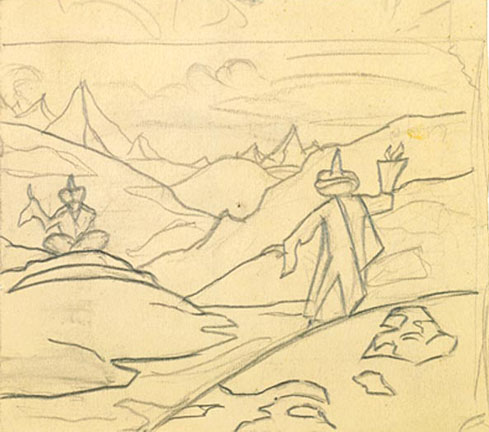 Н.К.Рерих. Пейзаж с двумя мужскими фигурами в восточных одеждах. Набросок. 1917–1918 (?)