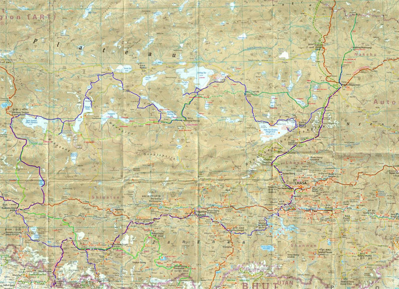Карта маршрута ЦАЭ (зеленая линия) и маршрута российской экспедиции 2014 года (синяя линия)