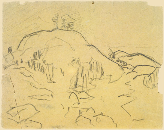 Н.К.Рерих. Пейзаж с деревьями на скале. Набросок 1917–1918 (?)