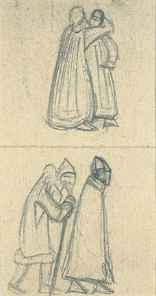 Н.К.Рерих. Две женские фигуры в длинных одеждах. Две мужские фигуры. Набросоки 1917–1918 (?)