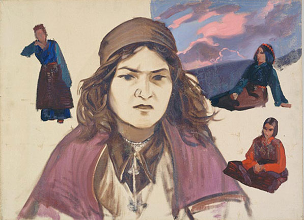 С.Н. Рерих. Женщина с распущенными волосами. Сидящая женщина на фоне пейзажа. Две женские фигуры. Этюды 1920–1930-е