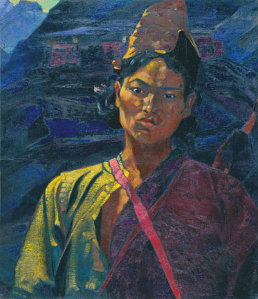 С.Н. Рерих. Молодой человек в остроконечной шапке на фоне гор. 1930-е